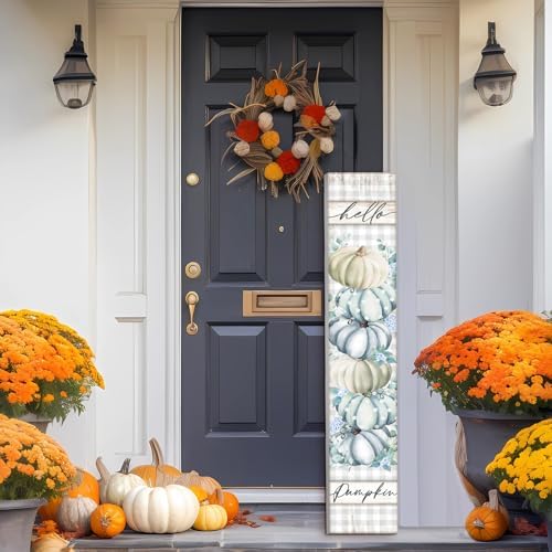 Farmhouse Thanksgiving Porch Signs Outdoor 47" Wooden Hello Fall Thanksgiving Porch Decorations for Home Large Autumn Watercolor Pumpkin Vertical Sign Outside Decoration for Autumn Home Decor Party - Image 4