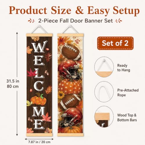 Welcome Fall Door Banner Set of 2, Pumpkin Porch Decor with Football Accent - Image 2