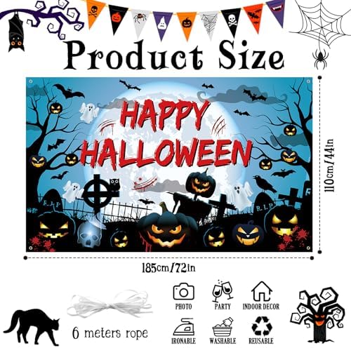 Happy Halloween Banner - Spooky Blue Party Decorations, Pumpkin Ghost Large Fabric Backdrop Photo Booth Background Sign Poster for Indoor Outdoor Wall Decor - Image 2