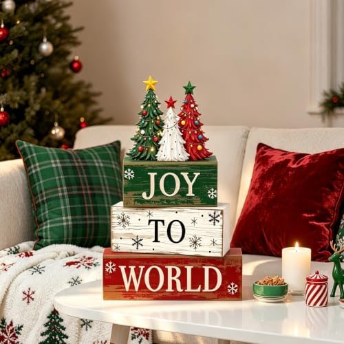 4 Pcs Christmas Tiered Tray Decor, Rustic Distressed Wooden Stacked Block Signs, 3‑Color Christmas Tree 3D Topper Xmas Table Centerpiece, Farmhouse Winter Holiday Mantel Kitchen Shelf Decor - Image 7