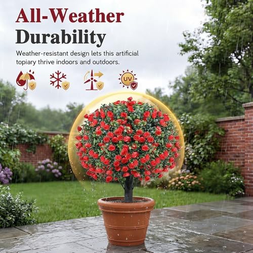 PATIO CHOICE Topiary Trees Artificial Outdoor Boxwood Ball Trees with Rose Set of 2 22" Fake Outdoor Plants Faux Bushes and Shrubs Decorations for Outdoor Indoor Front Porch Garden - Image 6