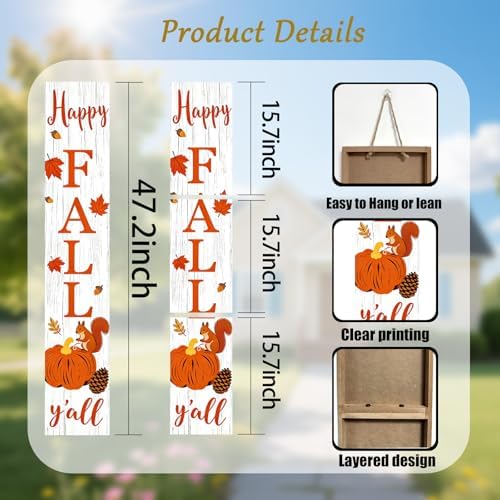 Happy Fall Y'all Vertical Standing Porch Sign - Farmhouse Fall Welcome Decor, Autumn Thanksgiving Decorative Wooden Sign with Pumpkin, Squirrel & Maple Leaves, Rustic Fall Home Decor for Front Porch - Image 3