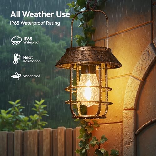 2 Pack Solar Lanterns Outdoor Waterproof, Retro Metal Hanging Lantern - Image 2