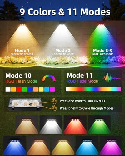 JOFIOS Solar Fence Lights Outdoor, 8 Pack, 9 Fixed Colors ＆ Color Changing Fence Lights Solar Powered Waterproof IP65 Dusk-to-Dawn LED Deck Lighting for Patio, Railing, Pool, Porch, Backyard, Wall - Image 2