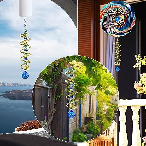 FONMY Gazing Ball Spiral Tail Decorative Wind Spinner Sun Catcher Rainbow Maker Golden Double-Spiral W/Sea Blue Crystal Ball and Chain Crystals for Indoor Outdoor Garden Decoration -14 inch H - Image 5