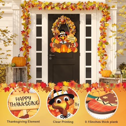 Thanksgiving Decoration Wooden Turkey Pumpkin Door Wreath for Front Door Sign Wall Signs, Thankful Blessed Grateful Pumpkin Sign Hanging for Fall Autumn Harvest Home Halloween Decoration - Image 2