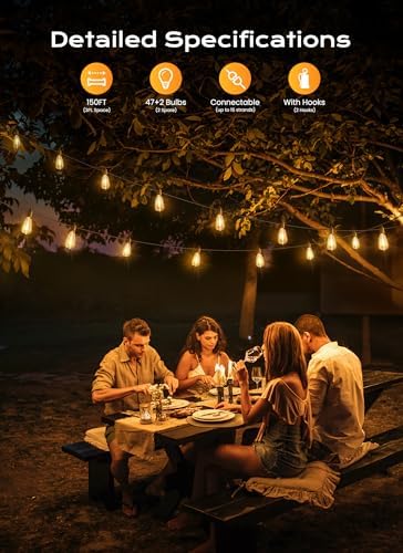 Brightown Outdoor String Lights, 150FT 47+2 LED ST38 LED Patio Lights Shatterproof, Dimmable IP65 Waterproof Connectable Hanging Outdoor Light for Backyard, Porch, Deck, Balcony - Image 2