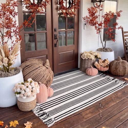 Breling 28" x 43" Fall Outdoor Porch Rug Black and White Striped Door Mat by Breling