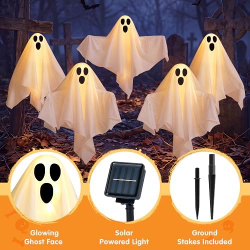 JOYIN 5 Packs Halloween Solar Ghost Lights Outdoor Decorations, Yard Stake Spooky Decorations Ghosts, Warm White Solar Powered Lights with Arms for Yard, Garden Pathway, Porch & Haunted House Decor - Image 4
