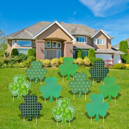 10 Pieces St. Patrick's Day Decorations Outdoor Yard Garden Porch Lawn Sign - 5 Assorted Shamrock Design 12.6 x 11 Inches Large Green Clover Signs with Stakes for Saint Patrick Irish Theme Party Favor by PhyLence