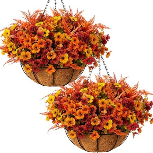 2 Set Artificial Flowers Hanging Basket Outdoor Fall Flower for Autumn by HoYuanFlo