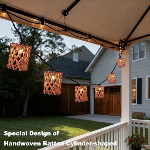 Decorative String Lights Plug in with 10 Incandescent Bulbs, Handwoven Rattan Cylinder-shaped Boho Lantern String Lights Connectable Weatherproof Outdoor Indoor for Bedroom Patio Pergola Decor (Brown) - Image 3