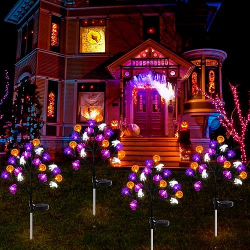 Halloween Decorations Outdoor Solar Lights, 2 Pack Halloween Lights Outdoor Solar Lights Waterproof with 20 LED Ghosts Bats Spiders Pumpkin Light, 8 Modes Solar Pathway Lights for Halloween's Decor - Image 2