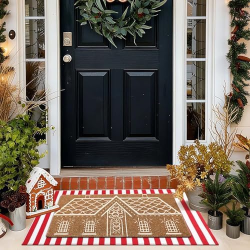 Duraaamo 2 Pcs Christmas Gingerbread House Door Mat Outdoor Christmas Nature Coir Welcome Rug Red White Stripe Outdoor Rug for Front Porch Indoor Entrance Decor - Image 6