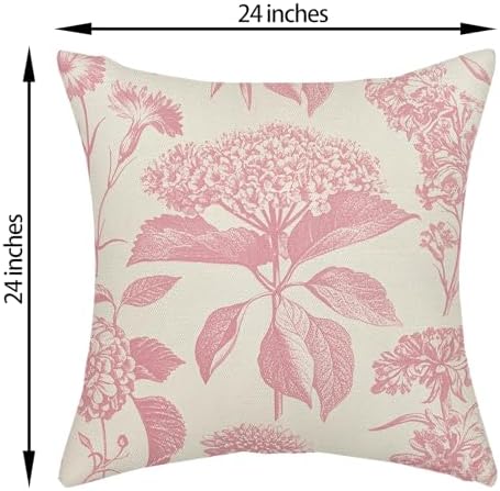 Pink Pillow Covers 24x24 Inch 2 Pcs Boho Vintage Floral Decor Throw Pillows Hydrangea Flower Seasonal Outdoor Farmhouse Neutral Accent Decoration Pillowcase Linen Cushion Cover for Sofa - Image 6