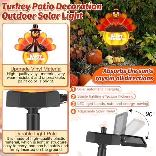 2 Pack Thanksgiving Solar Outdoor Lights Hand Painted Turkey Pumpkin Garden Lights Stake Fall Harvest Decor Driveway Lights Halloween Christmas Outside Yard Decorations for Patio Lawn Landscape - Image 3