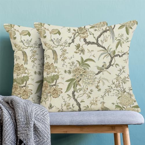 CXMEIFLY Spring Floral Birds Pillow Covers 18 x 18 Inch Set of 2 for Chinoiserie Flowers Decor Throw Pillows Sage Green Plant Outdoor Decorative Cushion Cases for Couch Bed Decorations - Image 2