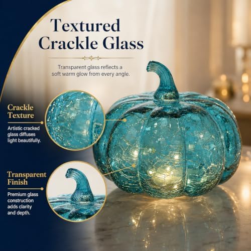 Aqua Blue Crackle Glass Pumpkin Light with Timer, 5.5 Inch - Image 3