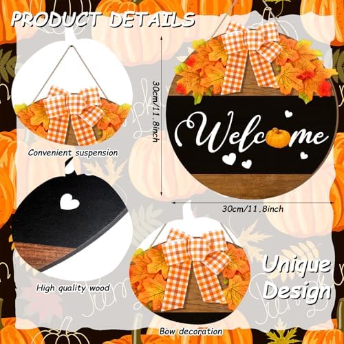 Moucuny Fall Welcome Door Sign, Wooden Thanksgiving Wreath with Bow - Image 2