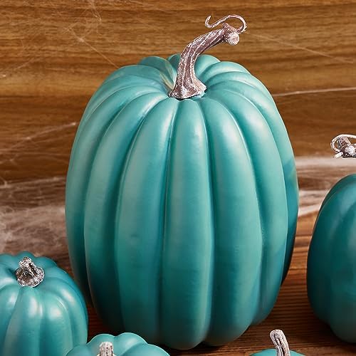 Lizxun 7Pcs Artificial Pumpkins Halloween Decoration, Lifelike Simulation Mixed Harvest Fall Foam Pumpkins for Halloween Thanksgiving Home Party Supplies (Cyan 01-7pcs) - Image 5