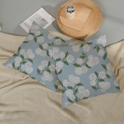 Light Blue Pillow Covers 18x18 Inch 2 Pcs Blue Green Hydrangea Flower Decor Throw Pillows Vintage Floral Seasonal Spring Summer Outdoor Decoration Pillowcase Linen Cushion Cover for Couch Sofa - Image 5