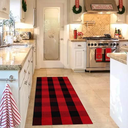 Christmas Door Mat Outdoor 24"x51"Buffalo Plaid Christmas Decor Rug Cotton Hand-Woven Layered Door Mats Washable Carpet for Front Porch, Kitchen, Farmhouse, Entryway - Image 3
