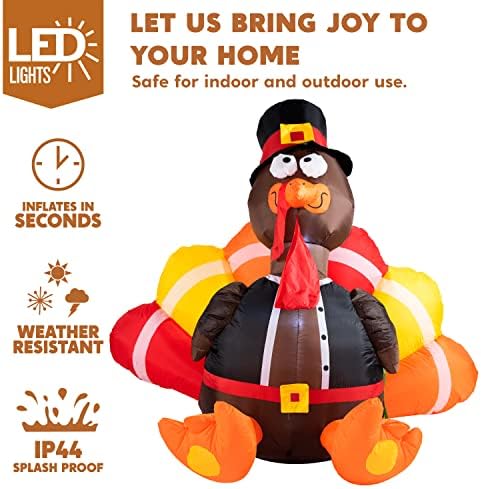 Joiedomi 6 FT Thanksgiving Inflatable Turkey Decorations, LED Light Up Turkey with Pilgrim Hat, Blow Up Decor for Thanksgiving Outdoor Decorations, Halloween Inflatable for Yard Garden - Image 3