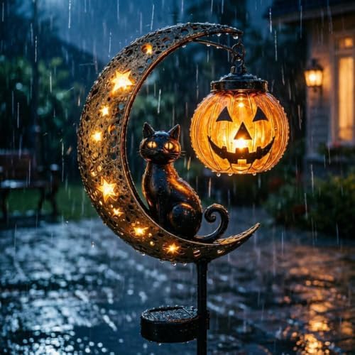 Solar Halloween Black Cat Garden Stake Light – Metal Crescent Moon & Pumpkin Lantern Yard Decor, Auto On/Off Waterproof LED Landscape Lighting for Patio Lawn Pathway (B) - Image 4