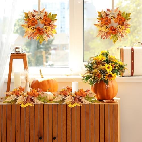 Mini Fall Wreath for Cabinet, Artificial Autumn Wreath with Maple Leaves, Peony, Burlap Bow, Orange Berries, Harvest Thanksgiving Wreath Indoor Outdoor Front Door Home Wall Window Decor - Image 6
