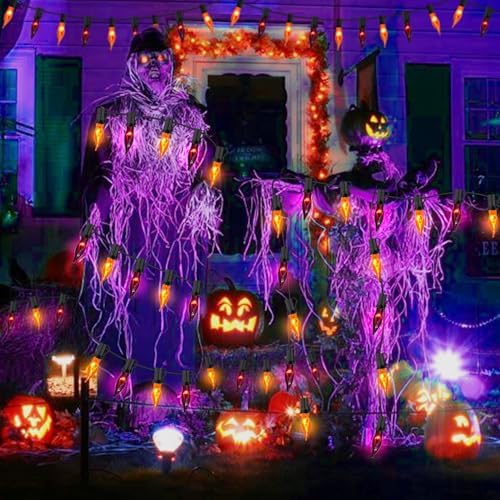 PASUTO Orange and Purple Halloween Lights - Flickering Flame String Lights, 12.8Ft Indoor Outdoor Halloween Lights C7 Retro Flame String Lights, Ideal for Fall Halloweens Decorations for Home Party - Image 5