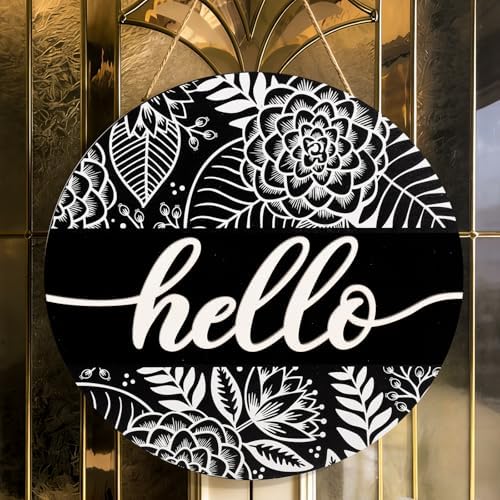 JarThenaAMCS Flower 3D Welcome Door Sign White Black Floral Wooden Hanging Sign Rustic Round Door Hanger for Spring Indoor Outdoor Farmhouse Home Porch Window Wall Decor, 12 Inch by JarThenaAMCS
