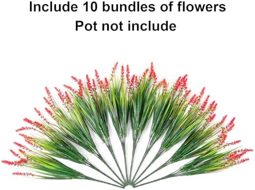 HyeFlora Artificial Fake Flowers Outdoor Plants for Summer Decoration,10 Bundles Faux Plastic Tall Monkey Grass Greenery UV Resistant Realistic Lavender for Home Planter Window Porch Garden-Red - Image 4