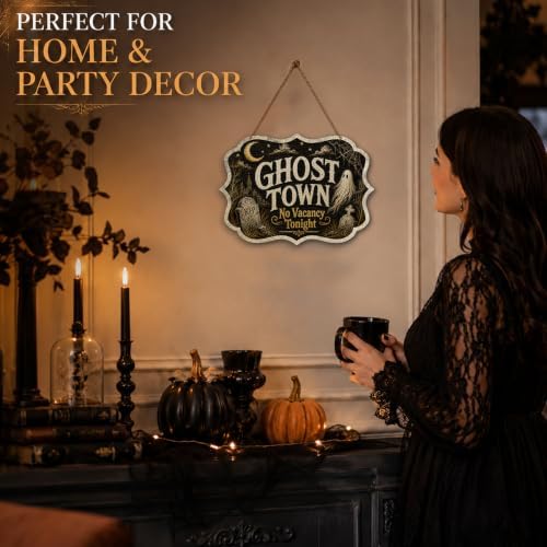 Vintage Halloween Wooden Sign with Rope 8.5x12 Inch Spooky Gothic Wall Plaque Ghost Witch Moon Farmhouse Decor for Front Door Porch Indoor Outdoor Seasonal Wall Hanging Art（A04） - Image 3