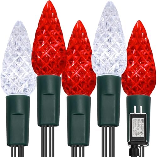WATERGLIDE C6 Christmas Lights, 100 LED 33ft Faceted Fairy Lights Green Wire String Lights with Safe Adaptor, 8 Lighting Mode, Waterproof for Indoor Outdoor Patio Xmas Tree Party Decor, White & Red by WATERGLIDE