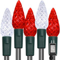 WATERGLIDE C6 Christmas Lights, 100 LED 33ft Faceted Fairy Lights Green Wire String Lights with Safe Adaptor, 8 Lighting Mode, Waterproof for Indoor Outdoor Patio Xmas Tree Party Decor, White & Red by WATERGLIDE