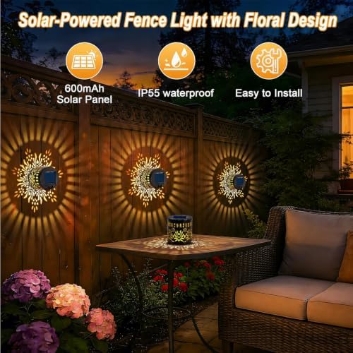 4 Pack Solar Fence Lights, Metal Flower Pattern Solar Powered Wall Lights - Image 3