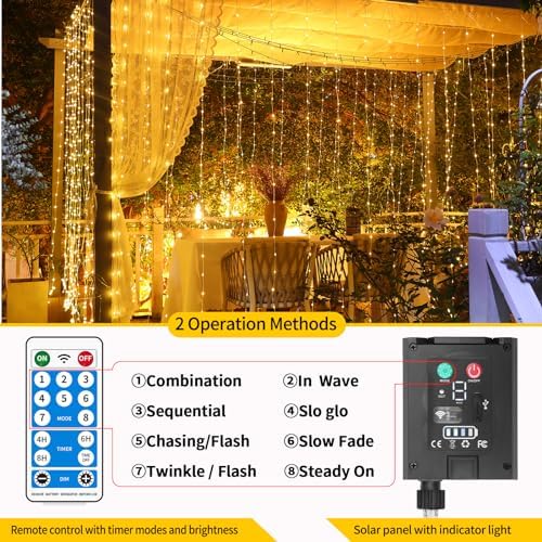 Solar Curtain Lights Outdoor Waterproof 10 * 10Ft 300LED Waterfall Light with 8 Modes Remote Rechargeable Dimmable Hanging Twinkle Fairy String Lights for Outside Christmas Gazebo Party Wedding - Image 6