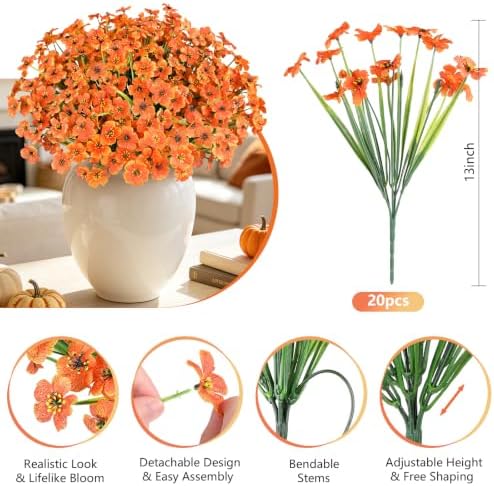 AmyHomie 20 PCS Artificial Fall Flowers for Outdoors, Orange Fake Mums - Image 4