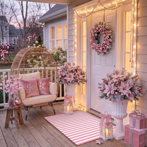 Moucuny Christmas Pink and White Vertical Stripe Outdoor Rug 2' X 3'Doormat - Image 5