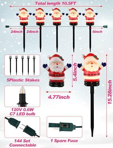 Christmas Pathway Lights Outdoor (5 Pack), Bright Santa Claus Yard Stakes with C7 LED Bulbs, Heavy Duty Connectable Garden Stakes for Winter Holiday Lawn & Driveway Decorations (UL Listed) - Image 2