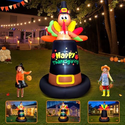 8FT Thanksgiving Inflatables Outdoor Decoration Inflatable Turkey Sits on Pilgrim Hat, Built in LED Lights Blow Up Yard Decorations for Fall Holiday Party Garden Lawn Décor - Image 3