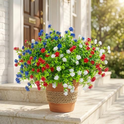 Hananona 24 Pcs Artificial Flowers Outdoor, Faux Artificial Plants UV Resistant Plastic Patriotic Flower Bulk for 4th of July Hanging Planter Porch Window Home Summer Decor (24, Red, White, Blue) - Image 7