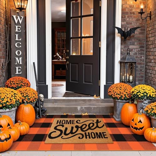 Uphome Bufflo Plaid Outdoor Rug 2'x4.3', Fall Decor Checkered Front Door Mat, Indoor Outdoor Farmhouse Porch Rug for Layered Door Mats, Washable Halloween Black/Orange Runner for Patio Entryway - Image 5
