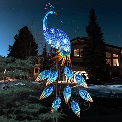 TERESA'S Collections Garden Decor Blue Peacock with Solar Outdoor Lights, 40" Glass Yard Art for Outside, Decorative Metal Stake Outdoor Decor for Lawn Decorations, Patio, Gifts for Mom - Image 2