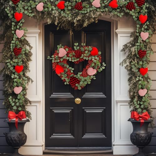 Zeyune 6ft Valentine's Day Decor Heart Long Garland for Mantel Artificial Eucalyptus Leaves and Fabric Hearts for Valentine Front Door Kitchen Fireplace Home Indoor Outdoor - Image 3