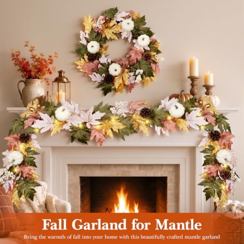 6 FT Fall Garland with 30 Lights & 8 Modes Timer, Pre-lit Lifelike Lighted Fall Maple Leaves Garland with Pumpkin Berries PineCones, Battery Operated Autumn Garland Decor for Mantle Table Thanksgiving - Image 2