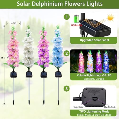 MRHEPHAESTUS Solar Garden Lights, Solar Delphinium Flowers Lights 8 Pack 160 LEDs, Waterproof Outdoor Light Two Lighting Modes for Wedding Party Garden Yard Patio Lawn Decor and Gift for Mother - Image 2