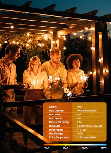Outdoor String Lights, 100FT 100+2 G40 Bulbs Shatterproof Patio Lights - Image 2