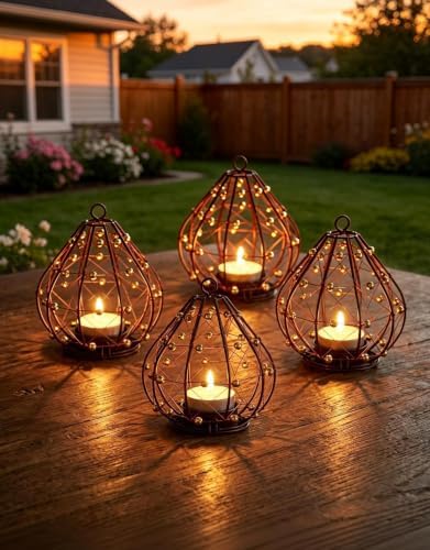 Outdoor Solar Hanging Lantern, 4 Pack Hand Woven Copper Wire Teardrop Candle Holders with Solar Tea Lights, IP65 Waterproof Chandelier for Gazebo, Tree, Pergola, Patio Garden Decor - Image 6