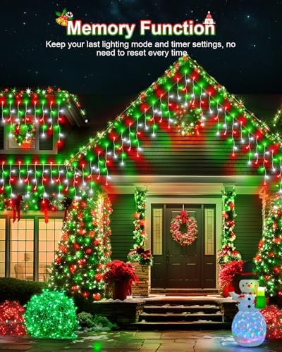 Christmas Lights Outdoor, 53 FT 486 LED Christmas Lights for Outside, Timer & Memory, Plug in 8 Modes Hanging Fairy Light with 108 Drops for House Eaves Yard Patio Decorations, Red Green and White - Image 3